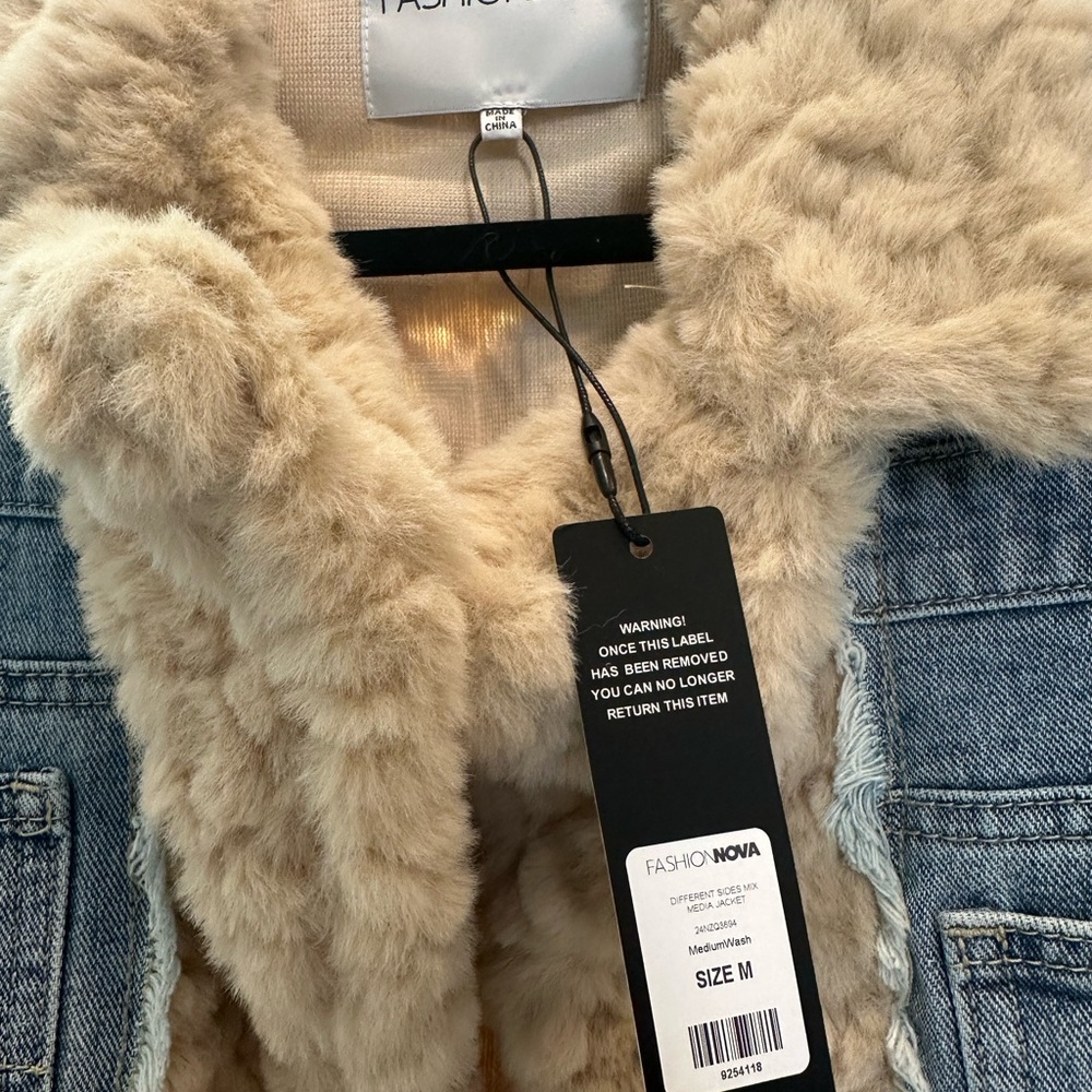 Fashion Nova Light Blue Denim Jacket with Tan Faux Fur - Picture 6 of 12